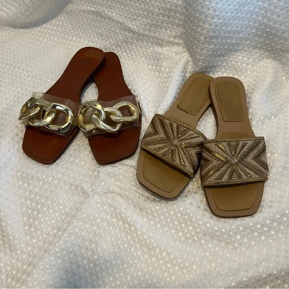 👡ZARA Sandal Bundle Size 39 | Gold Embellished + Chain Slide Sandals - Picture 2 of 12
